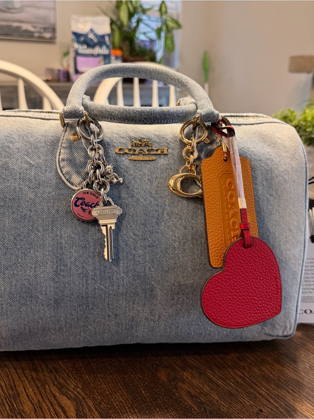 Coach Light Denim Satchel with Pink Heart Charm